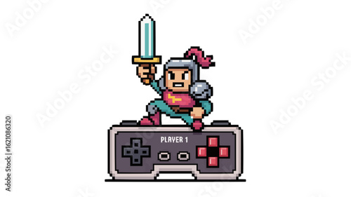 Pixel art knight standing victoriously on a retro game controller holding a shiny sword aloft high up on transparent background
