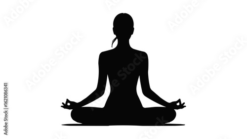 Silhouette of a woman meditating in lotus position with hands in mudra against a white background image on transparent background