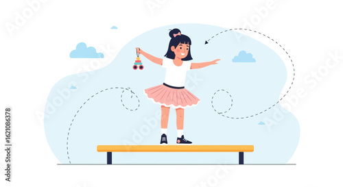 Joyful Childhood A Little Girl Practices Balance While Holding Wooden Toys