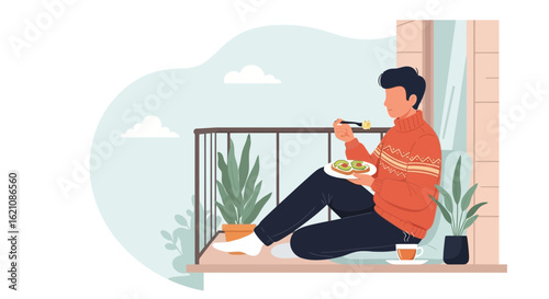 Man Enjoying Breakfast On Balcony In Cozy Sweater During Morning Routine