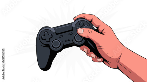 Hand holding a black video game controller with visible buttons and directional pad on white background on transparent background