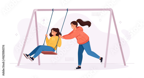 Joyful Childhood Scene Depicting Two Young Girls Enjoying a Playground Swing