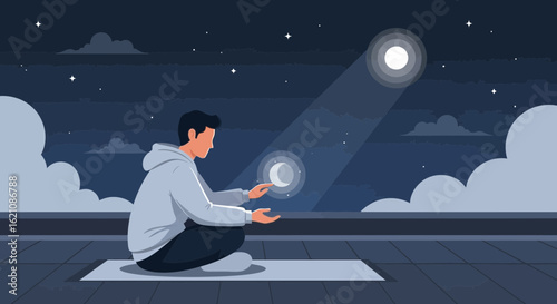 Meditating Under Moonlight A Serene Nighttime Rooftop Moment of Reflection