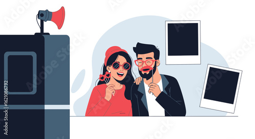 Joyful Couple Capturing Memories With Prop Masks At A Photo Booth