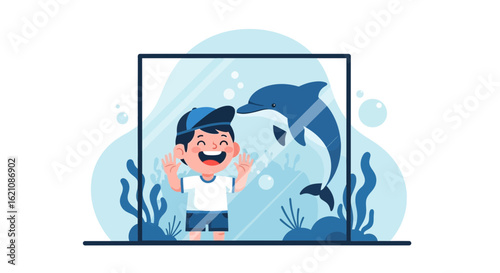 Joyful Encounter: A Cartoon Boy's Delightful Moment with a Dolphin at the Aquarium