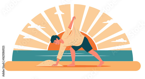 Meditative Man Practicing Yoga on Beachside at Sunset for Relaxation