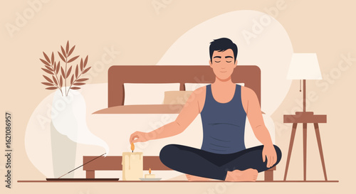 Meditative Moment Man Practicing Mindfulness In Bedroom Lighting Candles Incense