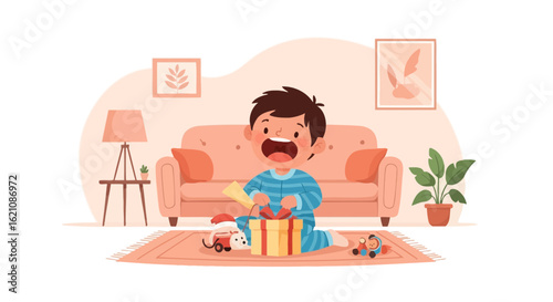 Joyful Excitement of a Young Boy Opening Christmas Gifts in Cozy Living Room Scene
