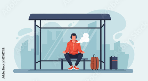 Meditative Traveler Listening To Music At Bus Stop Awaiting A Ride