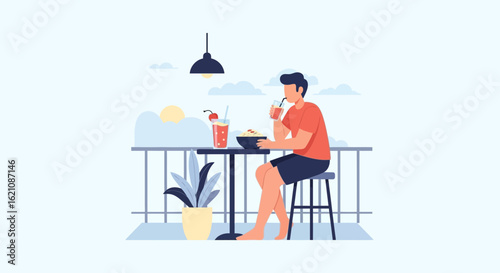 Man Enjoying Refreshments On Balcony With Scenic Mountain Views Illustration