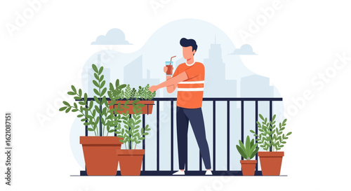 Man Enjoying Refreshment on Balcony Surrounded by Potted Plants View Urban