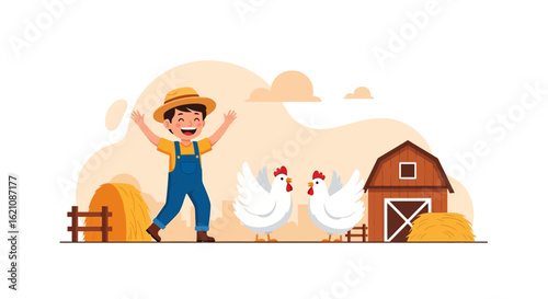 Joyful farmer celebrates with chickens near barn on a sunny countryside backdrop