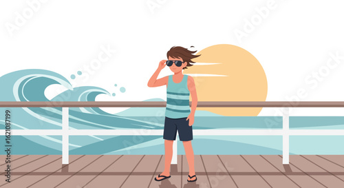 Man Enjoying Sea View And Sunshine On Ship Deck During Summer Vacation