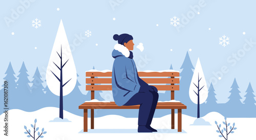 Melancholic Winter Scene: Solitary Figure on Bench in Snowy Landscape