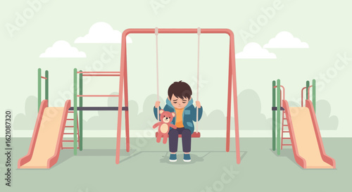 Melancholy Afternoon Depicts Sad Boy On Swing At Playground In Flat Vector Style