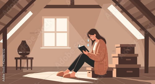 Melancholic moments depicted by a woman reading in a sunlit attic space