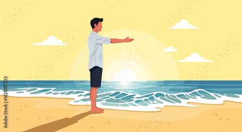 Man Enjoying The Sunset At The Beach Relaxing And Letting The Sand Run Through His Fingers