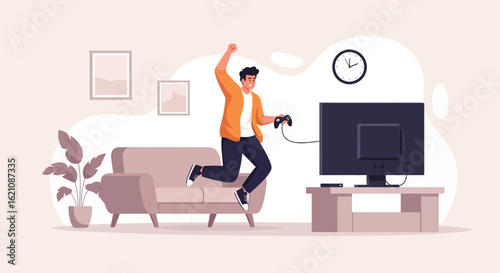 Joyful Gamer Celebrating Victory on Couch at Home in Relaxing Environment