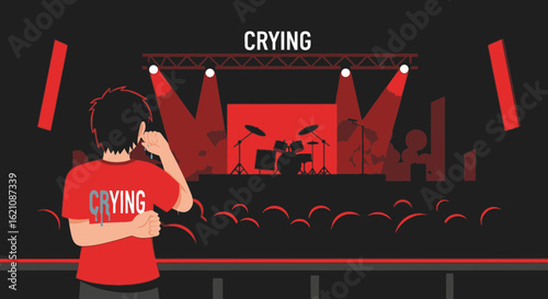 Melancholic Music Fan Crying At Live Concert Under Stage Lights