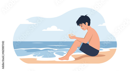 Melancholy Boy Sitting Alone On the Sandy Beach Watching At the Sea Shell