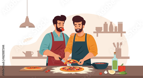 Joyful Gay Couple Creating Pizza Together At Home Filled With Happiness