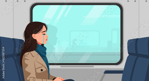 Melancholy Commute Woman Traveling By Train Window View Illustration