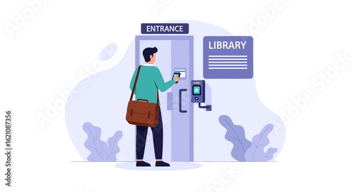 Man Enters Public Library Using Digital Access Card For Educational Resource