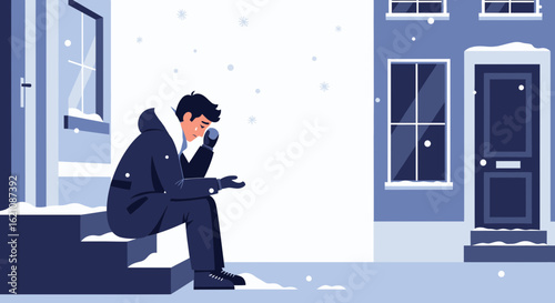 Melancholy Man Sitting Outside On Snowy Steps During Winter Season