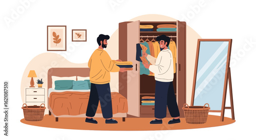Men Organizing Wardrobe Clothes Together in Cozy Bedroom Flat Illustration