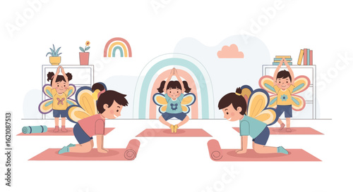 Joyful Kids Doing Yoga Poses Wearing Butterfly Wings in Bright Classroom