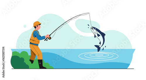Man Fishing At River With Rod And Reel Caught Leaping Fish