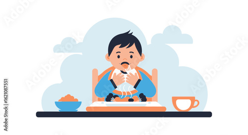 Joyful Little Boy In Highchair Enjoying A Meal Time Scene Illustration