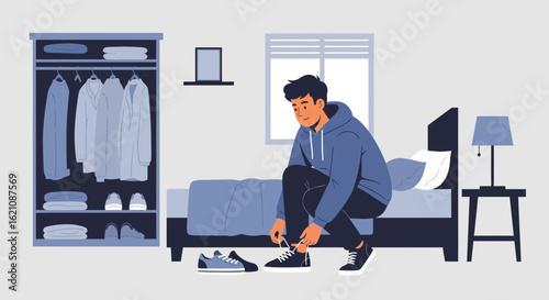 Man Getting Ready, Tying Shoelaces in Cozy Bedroom Morning Routine
