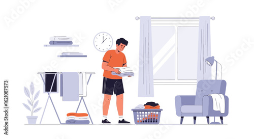 Man Folding Laundry At Home Doing Chores In A Modern Interior Design