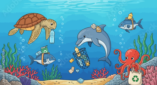 Ocean Pollution Marine Life Entangled in Plastic Waste