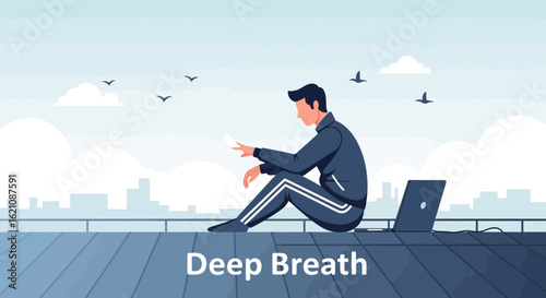 Mindful Break Man Takes a Moment for Serenity on City Rooftop Balcony