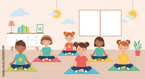 Mindful Kids Practicing Meditation In Peaceful Classroom Setting Illustration