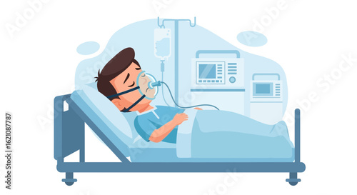 Man In Hospital Bed Receiving Treatment Illustration For Medical Concepts