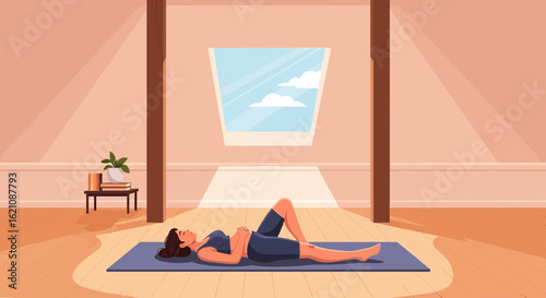 Mindful Moment Woman Practices Relaxation Reclining In Cozy Interior Space