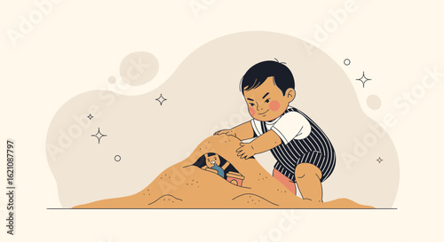 Joyful Toddler Builds Sandcastle on Beach Creating Imagination Concept