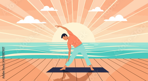 Mindful Morning Stretching Routine On Coastal Deck With Sunrise