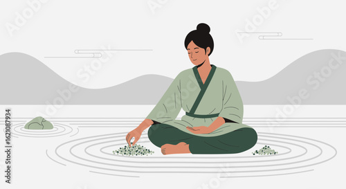 Mindful Practice Young Woman Meditating In A Zen Garden With Pebbles