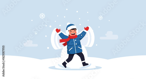 Joyful winter scene: Happy child making snow angels in a playful winter landscape