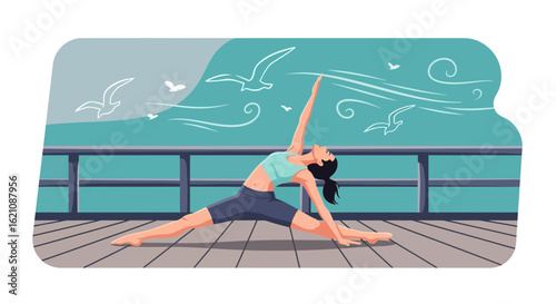 Mindful Morning Yoga Practice At Seaside Deck In Calm Weather Atmosphere