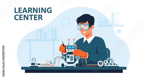 Man In Protective Glasses Building Small Toy Robot At Learning Center