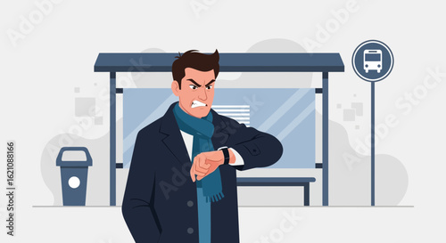Man Is Waiting Impatiently And Checking His Watch At The Bus Stop