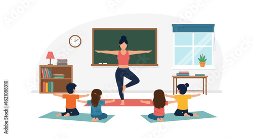 Kids Practicing Yoga Poses With Teacher In Bright Classroom Setting