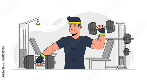 Man Lifting Weights With Dumbbells In Gym For Fitness And Strength Training