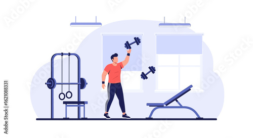 Man lifting dumbbells in a gym exercising and building strength fitness vector illustration indoors for good health and power