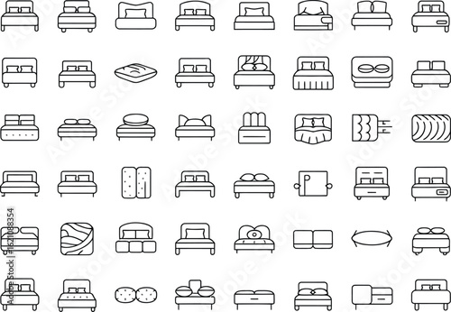 Collection of various bed styles and furniture icons in a simple line drawing style